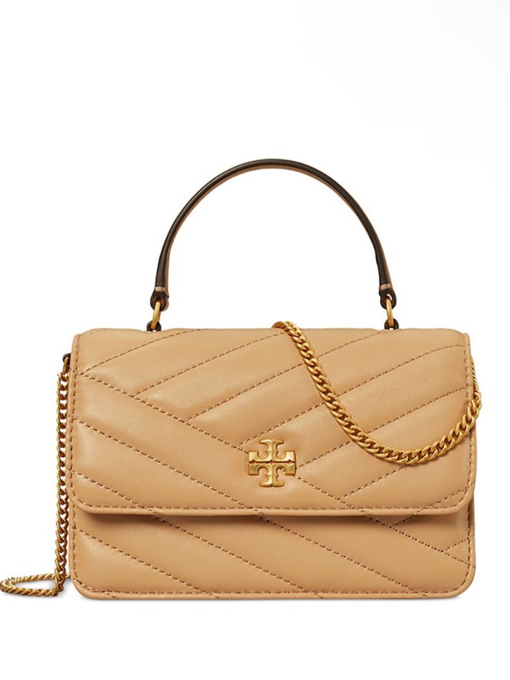Tory Burch Kira Chevron Top Handle Chain Wallet. Desert Dune/Gold.